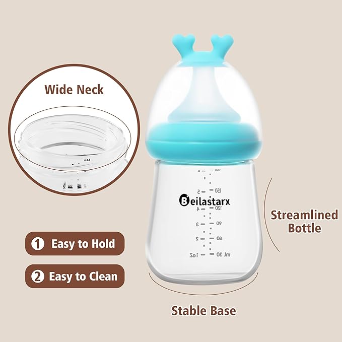 Beilastarx Glass Baby Bottles with Natural Response Nipple Size S - Anti Colic Baby Bottles Wide Neck Slow Flow Baby Bottle (Blue, 6oz (Pack of 4))