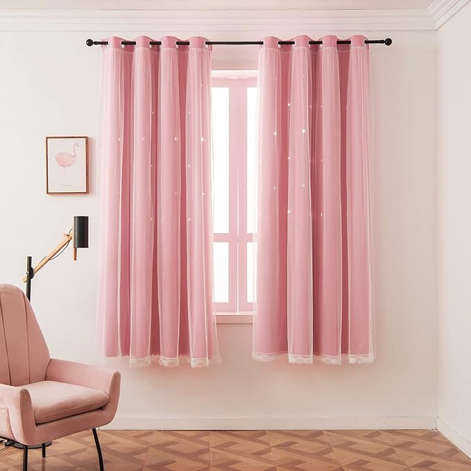 Pink Curtains for Girls Bedroom Kids Baby Room Decor Cute Double Layer Star Cutout Curtain Room Darkening Window Curtains for Nursery (Pink, 52W x 63L,2 Panels)