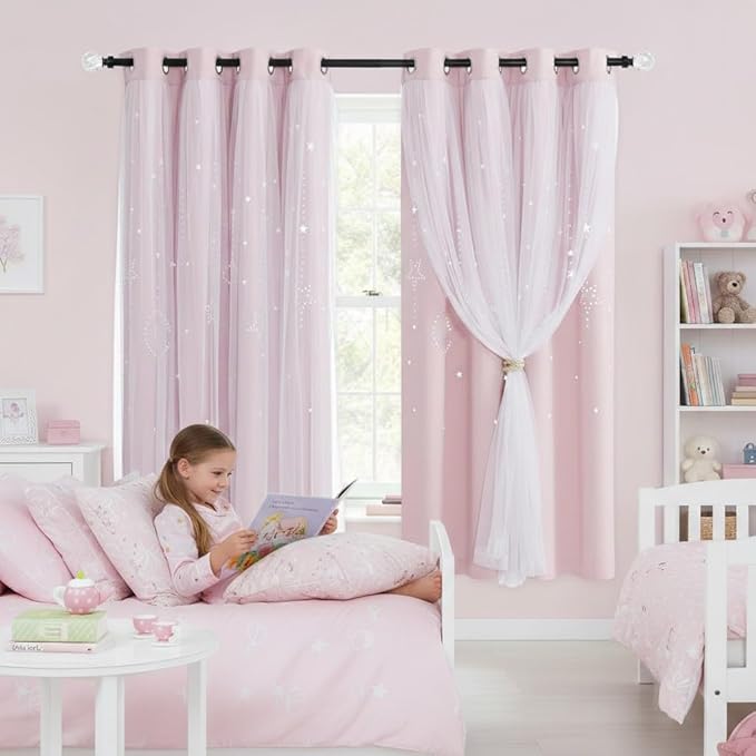 NICETOWN Moon and Stars Cutout Blackout Curtains with White Sheer Voile for Bedroom/Christmas, Grommets Noise Reducing Window Treatment Draped for Grils Room, 1 Pair, 52" Wide x 63" Long, Baby Pink