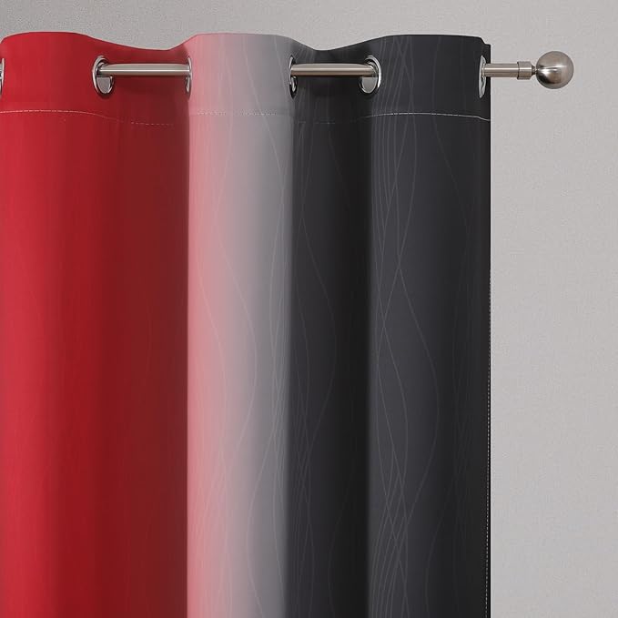 Red and Black Ombre Curtains 96 Inches Long, Total Blackout Curtains for Game Room, Thermal Insulated Gradient Grommet Drapes, Full Room Darkening Curtains for Living Room, 42x96 Inch, 2 Panels