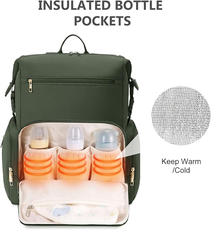 CEI-CEI Neoprene Diaper Bag Backpack with Insulated Pockets, Large Newborn Baby Maternity Bags Travel Tote with Changing Pad (Army Green)