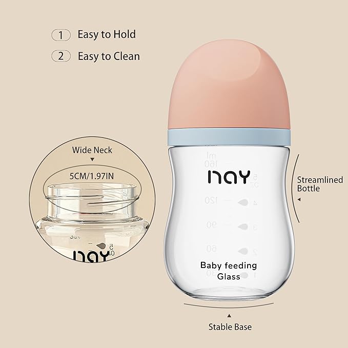 yanyoyo Natural Glass Baby Bottle Wide Neck, Anti-Colic Baby Bottle, Clear, 5.4oz(Pack of 2), Includes 2Pcs Natural Response Nipple(S), 1 Months+