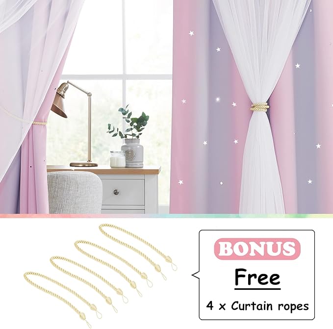 NICETOWN Nursery Room Darkening Rainbow Curtains for Bedroom Hollow-Out Star Window Drapes Curtain 84 inches Length for Living Room (Pink Purple, W52 X L84, 1 Pair)