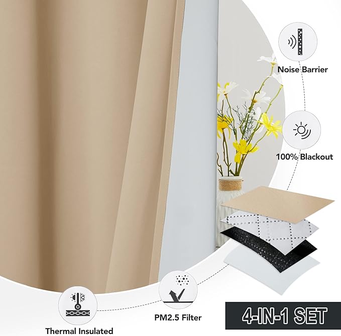 RYB HOME Dustproof Curtains for Large Window, Soundproof Thermal Insulated Blackout Curtains for Sliding Glass Door Furance Office Dorm Bedroom Living Room, Biscotti Beige, W62 x L84 inch, 2 Panels