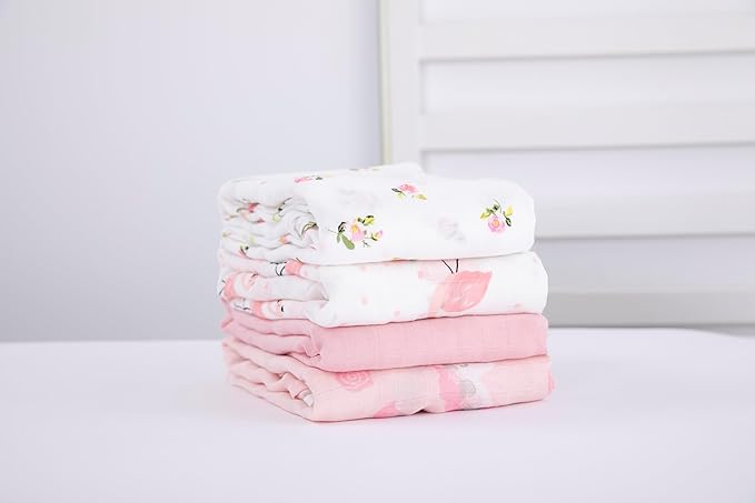 Muslin Swaddle Blankets for Baby Boys and Girls, 4-Pack Breathable and Skin-Friendly Receiving Blanket Wrap, Baby Essentials, Registry & Gift, 47 x 47 inches (Pink Dreams)