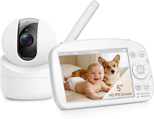 Baby Monitor with Camera and Audio, No WiFi, 5" HD IPS Screen & Remote Pan-Tilt-Zoom, HD Night Vision, 2-Way Talk, Cry Notifications, Temperature Sensor, 5 Lullabies, 1000ft Long Range