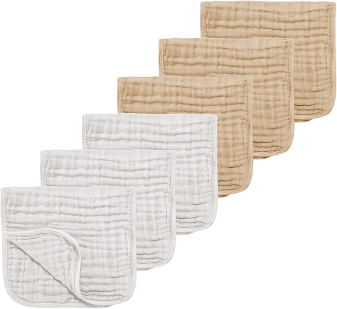 TDHD Muslin Solid Burp Cloths 100% Cotton Large 18''x10'' Extra Soft and Absorbent Multifunctional 6 Pack Baby Burping Cloth for Unisex Boys Girls (White+Khaki)