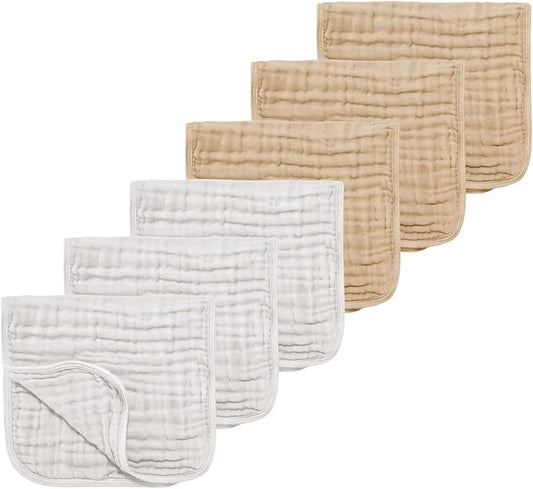 TDHD Muslin Solid Burp Cloths 100% Cotton Large 18''x10'' Extra Soft and Absorbent Multifunctional 6 Pack Baby Burping Cloth for Unisex Boys Girls (White+Khaki)