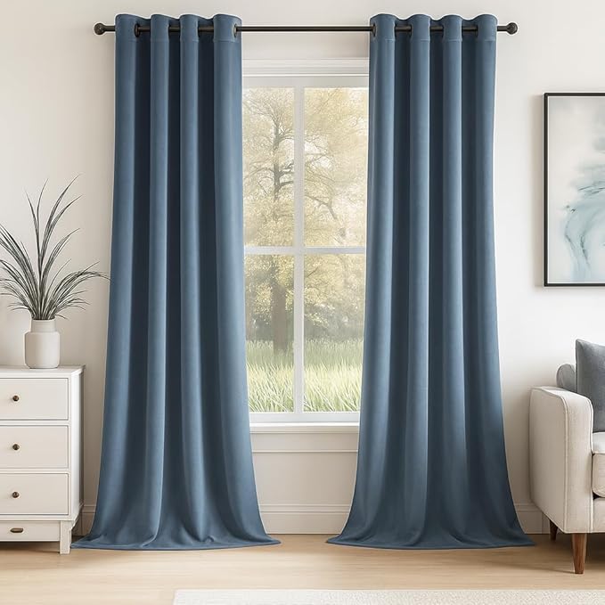 Topfinel 90 Inches Long Blue Velvet Curtains for Bedroom,Velour Cold Weather Thermal Dusty Blue Winter Decorative Room Darkening Viral Luxury Crushed Velvet Aesthetic Drapery Panels 2 Panels