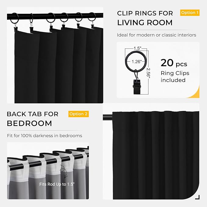 INOVADAY 100% Blackout Curtains for Bedroom, Black Out Curtains 102 Inch Long, Clip Rings Linen Blackout Drapes, Thermal Insulated Room Darkening for Living Room, 2 Panels - Black,W50xL102
