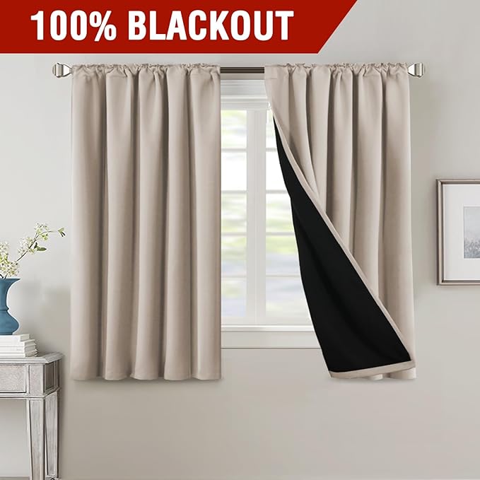 H.VERSAILTEX 100% Blackout Curtains for Bedroom with Black Liner Full Room Darkening Curtains 54 Inches Long Thermal Insulated Back Tab/Rod Pocket Window Drapes for Living Room, 2 Panels, Natural