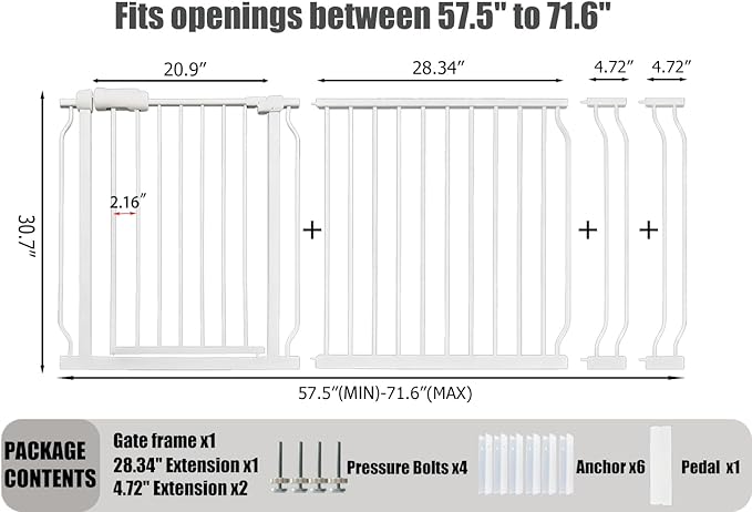Extra Wide Baby Gate Tension Indoor Safety Gates White Metal Large Pressure Mounted Pet Walk Through Long Dog for The House Doorways Stairs (66.9 inches-71.6 inches, White) (Th-0001)