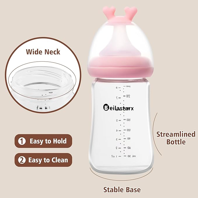Beilastarx Glass Baby Bottles with Natural Response Nipple Size M - Anti Colic Baby Bottles Wide Neck Slow Flow Baby Bottle(Red, 8oz (Pack of 2))