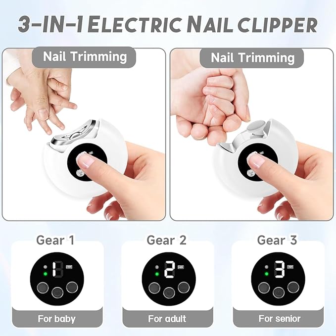 3-in-1 Automatic Electric Nail Clipper with LED Light & Nail File, 3 Speeds LCD Digital Display, Nail Clip Storage, USB Rechargeable Safety Fingernail Trimmer for Baby, Kids, Seniors