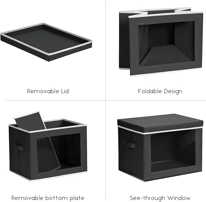 Storage Bins with Lids - Small Fabric Organizers with Window, Collapsible Storage Bins for Clothes, Decorative Closet Organizers for Towels, Tshirt, 4 Pack, Black