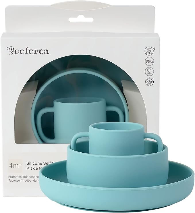 YOOFOREA Baby Led Weaning Supplies I Toddler Infant Baby Essentials First Stage I Baby Feeding Set - Tiny Cup, Suction Bowl & Plate I 100% Platinum Food Grade Silicone I BPA BPS PVC Free - Fog