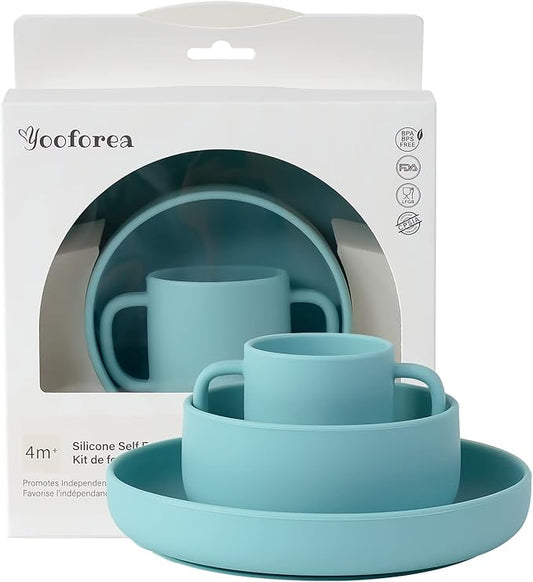 YOOFOREA Baby Led Weaning Supplies I Toddler Infant Baby Essentials First Stage I Baby Feeding Set - Tiny Cup, Suction Bowl & Plate I 100% Platinum Food Grade Silicone I BPA BPS PVC Free - Fog