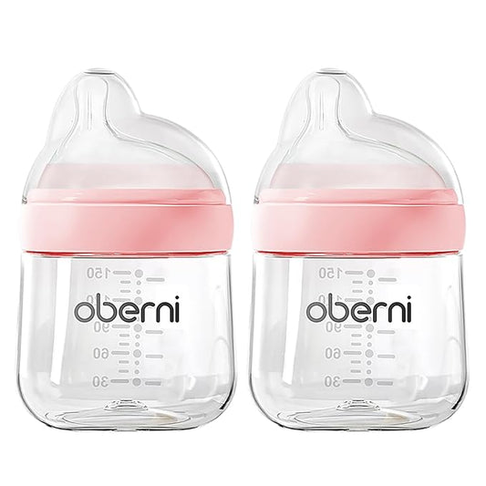Oberni Baby Bottles with Slow Off-Centered Nipple for 0+ Months, Anti Colic Newborn Milk Feeding Bottle, 150ml/5oz/Pink/2Pack