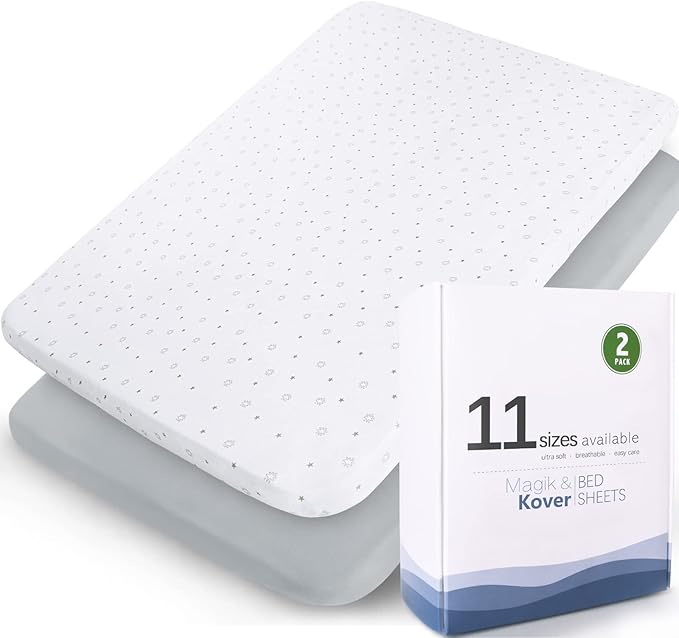 Mini Crib Sheets Fitted 38" x 24"- Compatible with Dream On Me, Babyletto, Davinci & Delta Mini Crib Mattress Pad, Stretchy Soft Mini Crib Sheets Neutral for Baby Boy Girl, Grey & White Star - 2 Pack