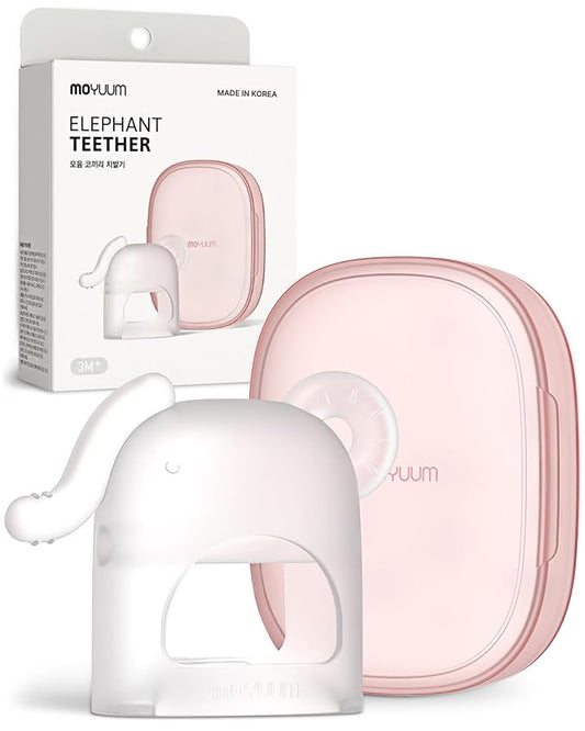 Moyuum Silicone Elephant Grip Hand Teether Toy | Made in Korea, Provides Teething Relief, Wearable Teether is Easy to Hold, Drop Resistant with Adjustable Wrist Strap, Babies 3+ Months, Natural