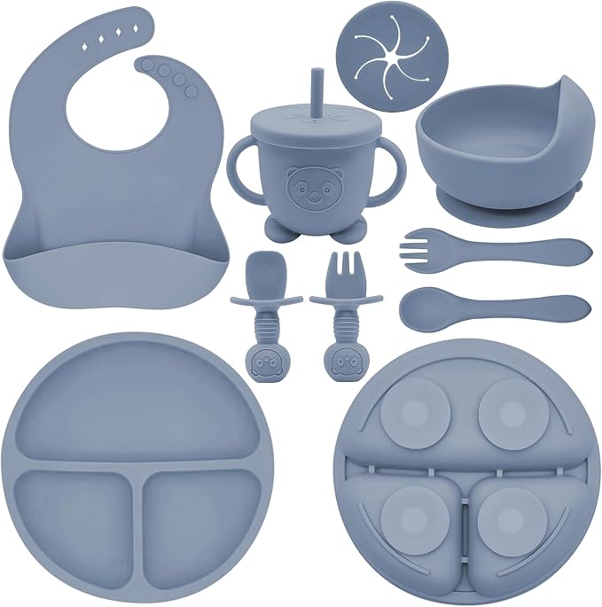 Munlinder Silicone Baby Feeding Set | Baby Led Weaning Supplies Includes Suction Bowls and Divided Plates, Adjustable Bib, Baby Utensils Spoons and Forks,Cup | Baby Feeding Essentials (Blue Gray)