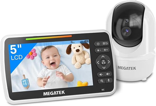 MEGATEK BabyView Video Baby Monitor with Camera and Audio, 5” Screen, Pan-Tilt-Zoom, No-WiFi 2.4GHz Wireless, 30-Hour Battery, Night Vision, 2-Way Talk, VOX, Lullabies, Timer, Temperature Alerts