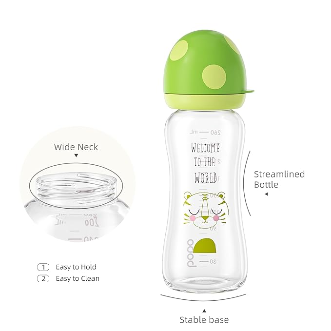 YOHKOH Natural Glass Baby Bottle with Level 2 Medium Flow Nipple, Newborn Anti-Colic Baby Bottles, Wide Neck Mushroom Baby Glass Bottle (8.8ounce (Pack of 2), Green1)