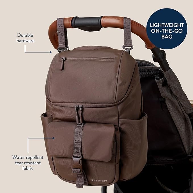 Itzy Ritzy Belong Bucket Backpack – Lightweight Diaper Bag Backpack Featuring 16 Pockets, Bucket Top Opening, Stroller Straps & Changing Pad; Organized and Stylish Everyday Family Backpack (Mocha)
