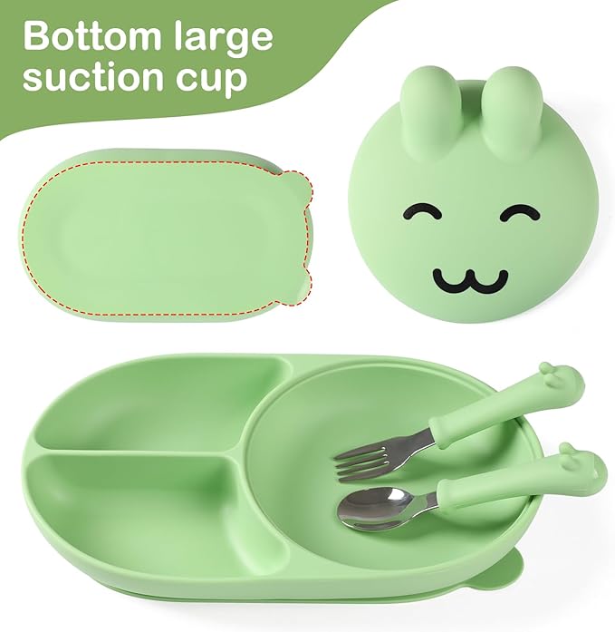 Silicone Baby Plate,Toddler plates,Self-feeding of infants after weaning, 100% Food Grade Silicone, BPA Free, Baby Dinnerware, Baby Plates With Suction, Divided Plate for Babies (green)