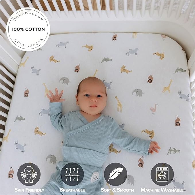 Dreamology Pack and Play Sheets, 2 Pack, Soft, 100% Cotton Mini Crib Sheets, Baby Mattress Sheets for Boys,Girls, Pack n Play Sheets, Mini Crib Fitted Sheet, 24x38 Mini Crib Sheet | Blue,Animals