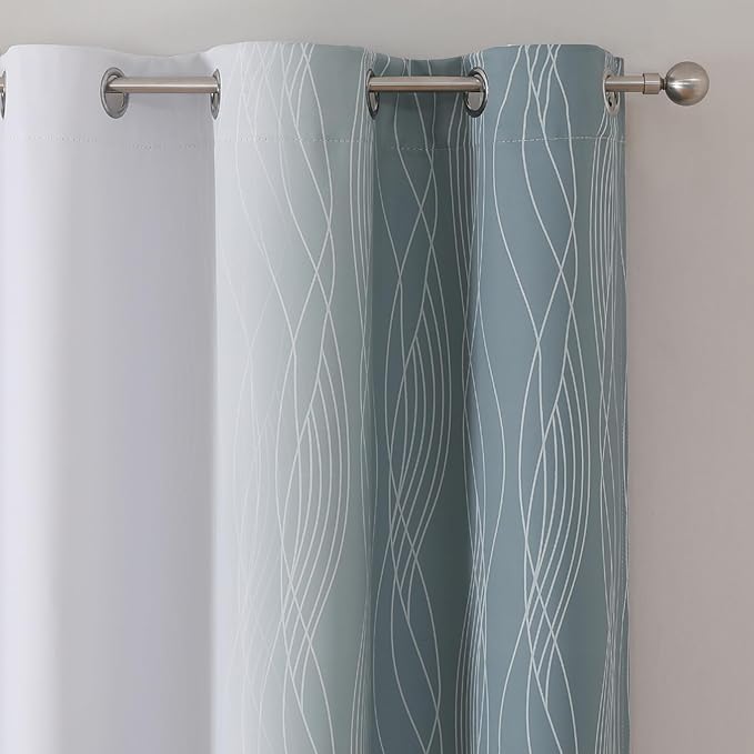 Estelar Textiler Stone Blue and Greyish White Ombre Blackout Curtains 45 Inch Length 2 Panels, Full Room Darkening Drapes for Kitchen, Thermal Insulated Grommet Short Curtains for Bathroom,42Wx45L