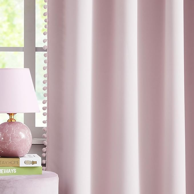 Pom-pom Pink Blackout Curtains for Bedroom 63inch Length Energy Efficient 100% Full Blackout Window Panels for Baby Girls Nursery Living Room Adorable Rod Pocket Drapes 2pcs 52"w Rod Pocket
