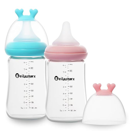 Beilastarx Glass Baby Bottles with Natural Response Nipple Size M - Anti Colic Baby Bottles Wide Neck Slow Flow Baby Bottle (Multicolor, 8oz (Pack of 2))