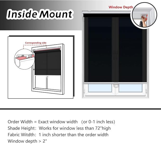 AOSKY Cordless Roller Shades for Windows Light Filtering Shades with 5% Openness Solar Screen Semi Sheer Roller Blinds UV Protection for Office and Home. Easy to Install 25" W x 72" H (Black)