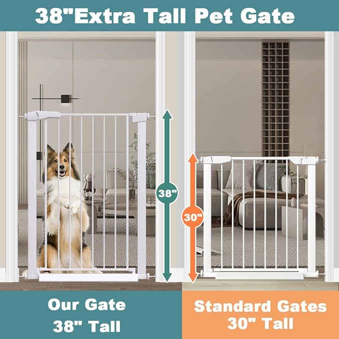 Fairy Baby 38" Extra Tall Pet Gate, 29.5"-48.8" Extra Wide Long Baby Gate, Metal Auto Close Safety Child Toddler Gate, Pressure Mounted Dog Gate No Climb Fence for Stairs Doorways Kid or Pet, White
