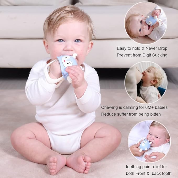 Smily Mia Reindeer Organic Baby Toys 0-6Months, Mitten for 3-6Months, Easy to Hold Stem with Chewing Nubs for Teething Pain Relief for 6-12Months Babies, Ocean Blue
