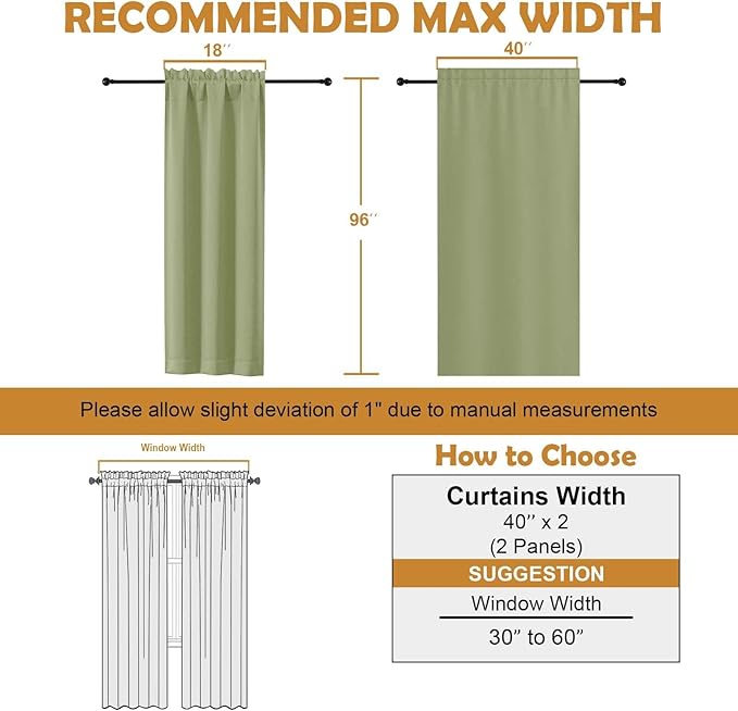 Aiyufeng Sage Green Blackout Curtains for Bedroom 96 Inches Long 2 Panels, Solid Thermal Insulated, Energy Saving Living Room Window Treatment Curtains Blackout Drapes, W40 x L96 Inch, Sage