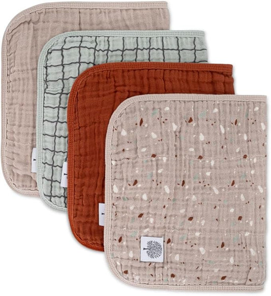 Parker Baby Muslin Burp Cloths | 100% Cotton Burping Clothes, Newborn Essential | Must-Have Baby Registry, Modern and Trendy Colors | 20"x11" Unisex Large Baby Burp Cloths, 4-Pack Pebble