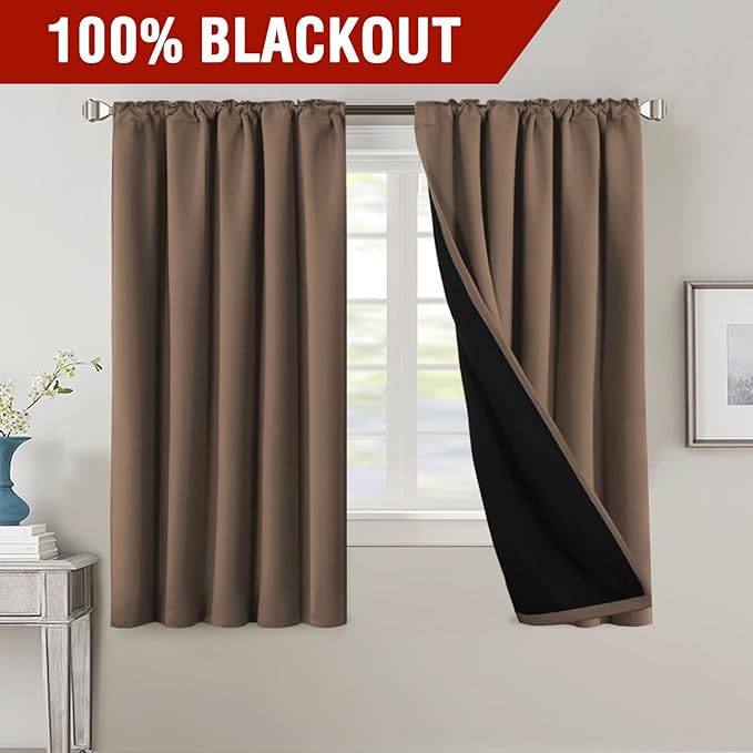 H.VERSAILTEX 100% Blackout Curtains for Bedroom with Black Liner Full Room Darkening Curtain Thermal Insulated Back Tab/Rod Pocket Window Drapes for Living Room, 2 Panels, 42 x 63 Inch, Macchiato