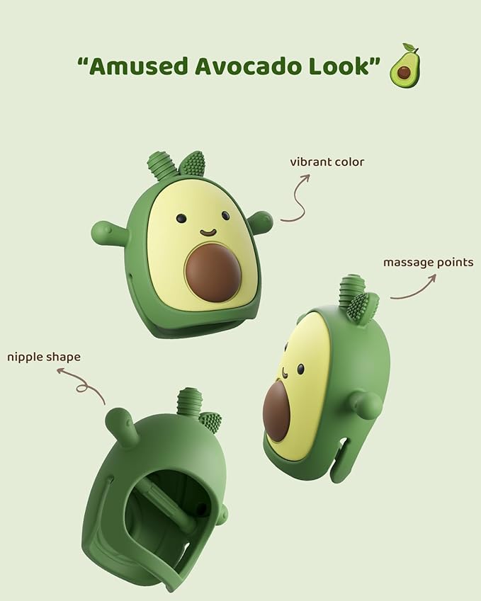 ChooKaChoo 2 Pack Baby Teething Toy Silicone Avocado Teething Mitten for Babies Over 3 Months Anti Dropping Wrist Hand Teethers Baby Chew Toys for Sucking Needs, BPA Free