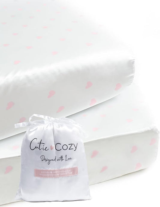 Satin Fitted Crib Sheet (2 Pack) Premium Oeko-TEX Certified Satin Crib Sheet Set, Prevents Bald Spots Like Silk Crib Sheets for Baby Hair (White with Light Pink Hearts)