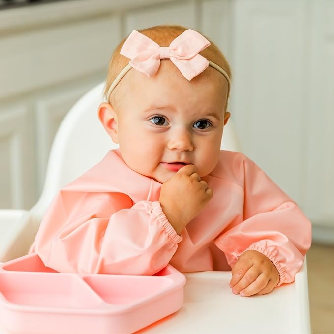 Tiny Twinkle Long Sleeve Bib for Babies & Toddlers | 2-Pack Waterproof Smock Bib for Eating | Machine Washable & Mess-Proof Feeding Essentials | Newborn Shower Gift (Peach Terracotta,6–24M)