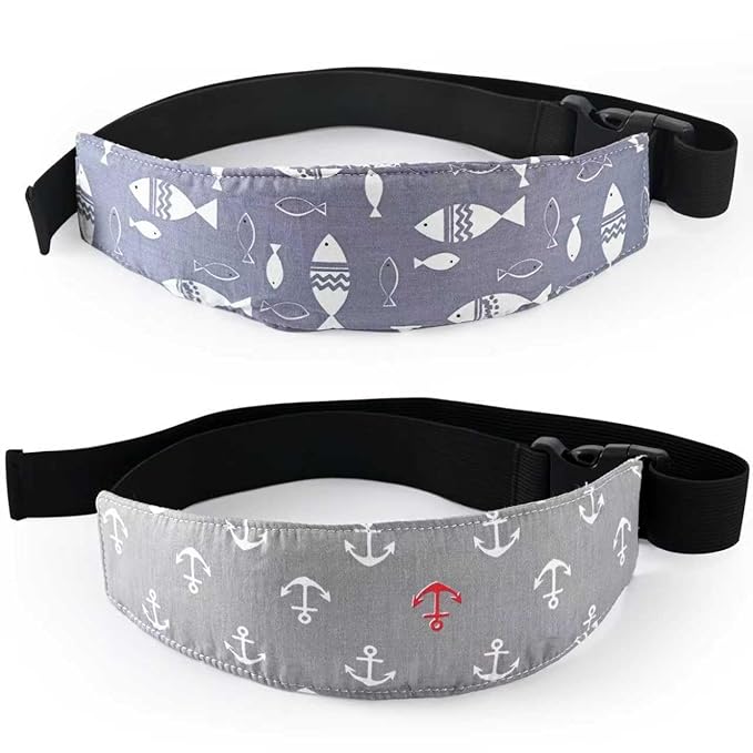 2-Pack Baby Head Support Straps, Cotton Ocean Theme with Fish and Anchor Prints, Adjustable Car Seat and Stroller Neck Support for Infants and Toddlers