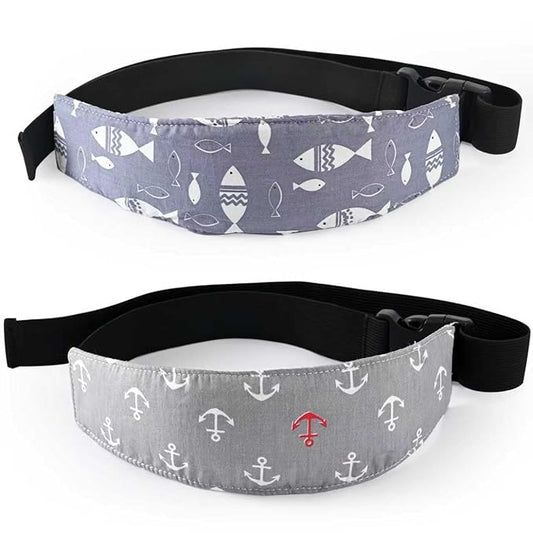 2-Pack Baby Head Support Straps, Cotton Ocean Theme with Fish and Anchor Prints, Adjustable Car Seat and Stroller Neck Support for Infants and Toddlers