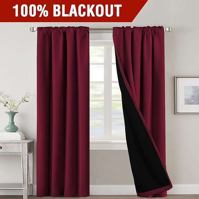 H.VERSAILTEX 100% Blackout Curtains for Bedroom with Black Liner Full Room Darkening Curtains Thermal Insulated Back Tab/Rod Pocket Window Drapes for Living Room, 2 Panels, 42 x 84 Inch, Burgundy