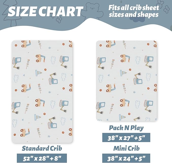 SiinvdaBZX 2 Pack Muslin Crib Sheets for Boys, Ultra Soft Cotton Breathable Fitted Baby Crib Mattress Sheets for 52"x28" Standard Toddler Mattress (2Pcs Construction Trucks)