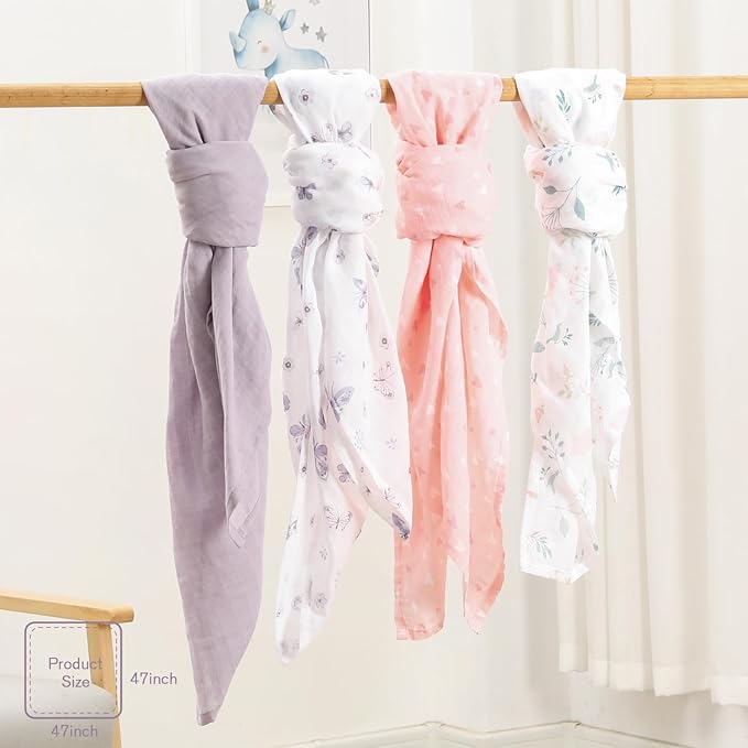 Little Grape Land Muslin Swaddle Blankets 47''x47'' 4 Pack, 100% Cotton Large Size Baby Swaddles for Newborn, Soft Breathable Baby Blankets for Newborns, Butterfly&Bunny