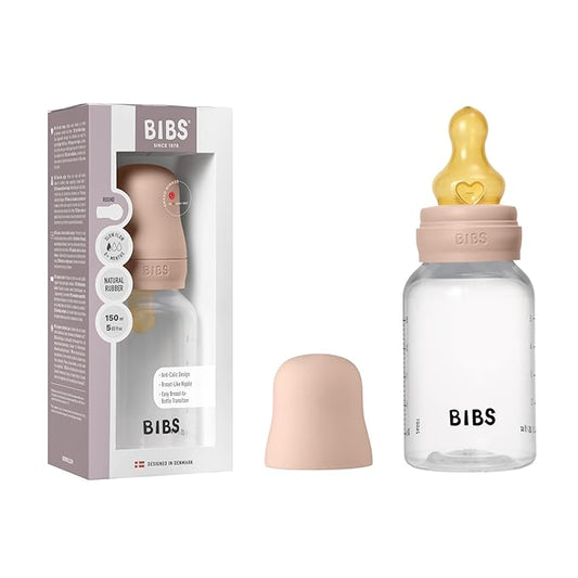 BIBS Baby Bottle 5 oz / 150 ml Natural Rubber Latex Nipple - Anti-Colic, BPA-Free, Round Nipple, Slow Flow, Lightweight & Easy to Clean, Suitable for Newborns 0+ Years - Blush