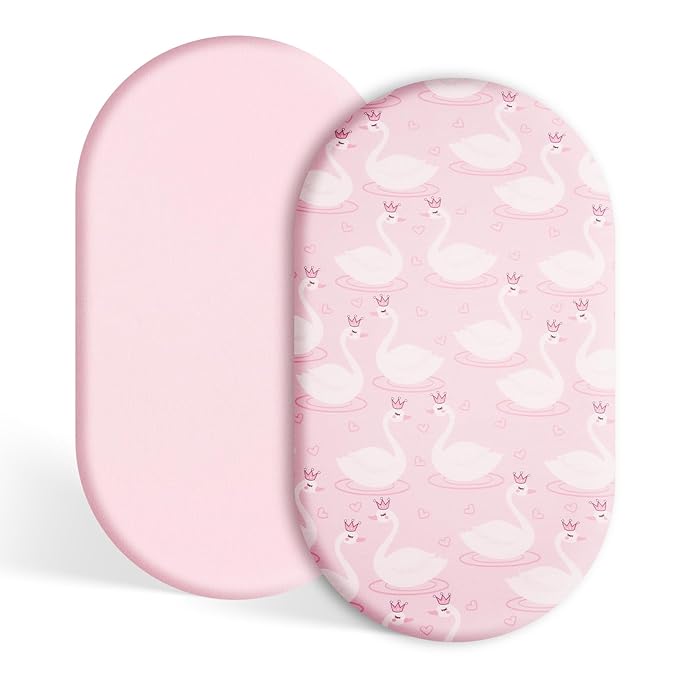 TILLYOU Baby Bassinet Sheets for Girls Boys 2 Pack Baby Sheets for Square Rectangle Oval Bassinet Mattress 33X16 Inch, Swan Dance and Pink