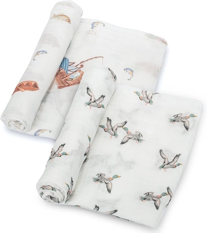 LollyBanks Muslin Swaddle Blankets 2PACK, 100% Cotton Baby Blanket 47 x 47 Inches, Large Baby Swaddle Breathable, Muslin Blankets for Boys and Girls (Mallard Duck and Fishing Print)